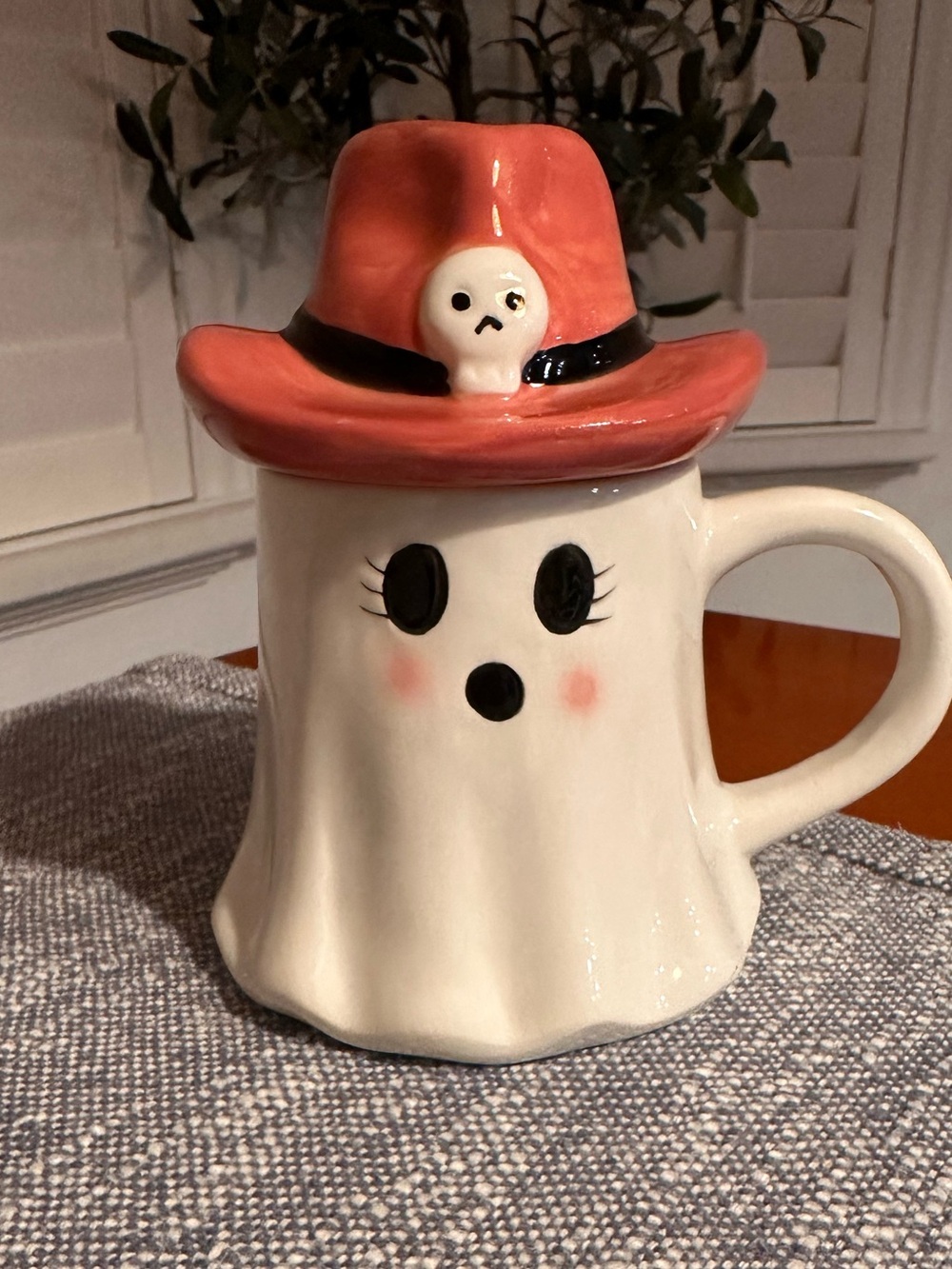 Ghost Mug with Pink cowboy Hat - Halloween coffee mug 6”tall w hat
